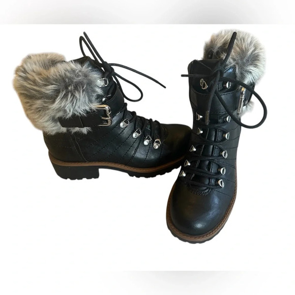 Sun + Stone Black Faux Fur Trim Lace-Up Hiker Boots Women’s Size 6 - Picture 1 of 7